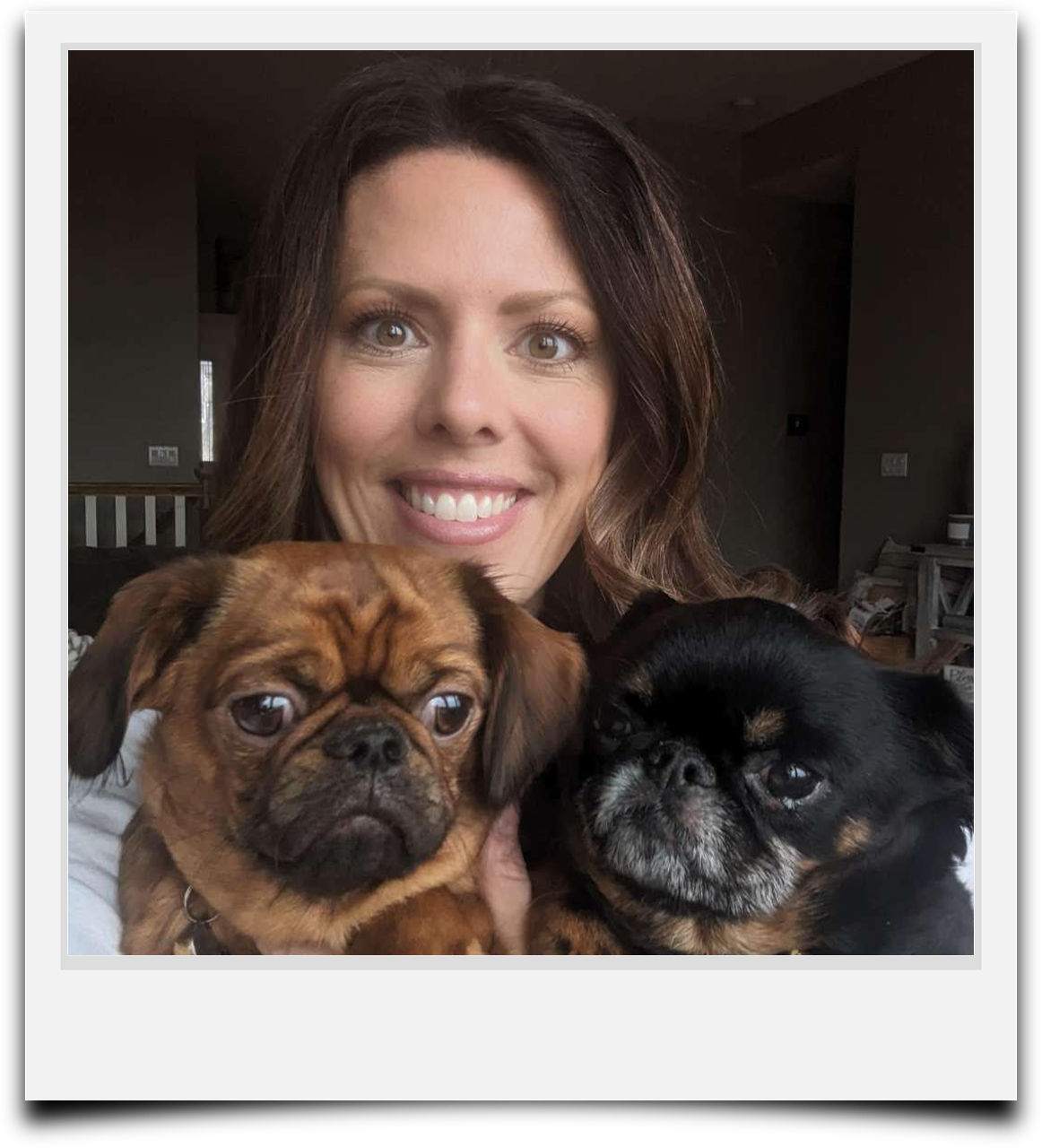 Angie - Auntie Abyby's Professional Pet Sitting Caregiver. Angie is pictured with two of her dogs, Brussel Griffons.